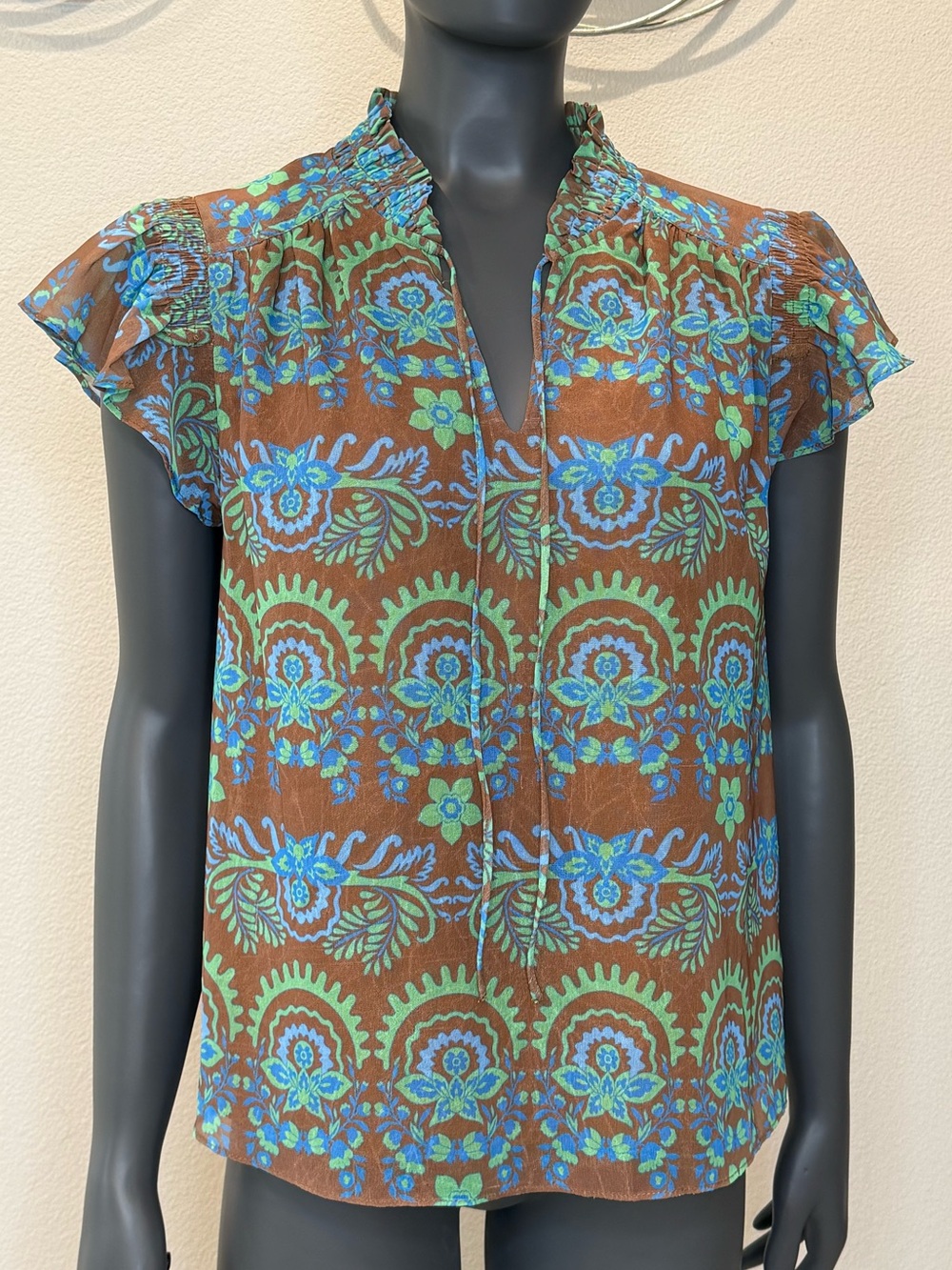 Anthropologie Current Air Split Tie V-Neck Flutter Sleeve Blouse Floral Size S